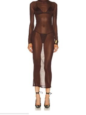Fore Long-Sleeve Burgundy Mesh Turtleneck Midi Dress See Through Naked Sz Large